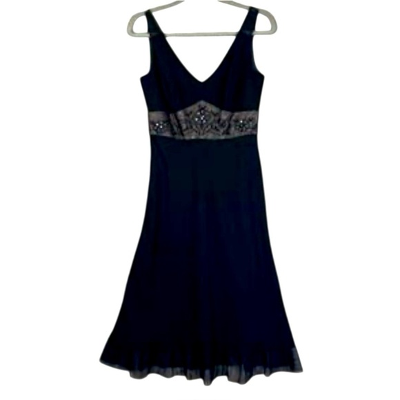 Evan Picone Chiffon Mesh Black Midi Dress Size 8 Cocktail Whimsigoth Beaded - Picture 1 of 12